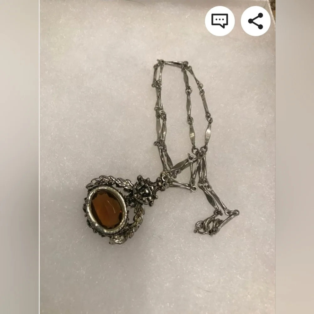 Vintage Gothic Like Necklace with Amber "Stone", Silver Toned Chain - Picture 2 of 6